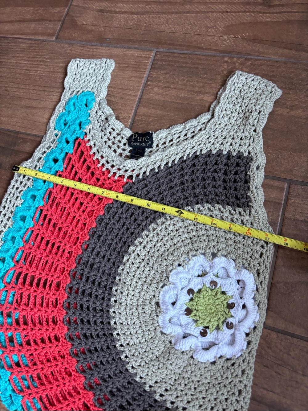 Pure Handknit L/XL Crochet Cotton Asymmetrical Tank Top Boho Floral Art-to-Wear - Picture 4 of 7